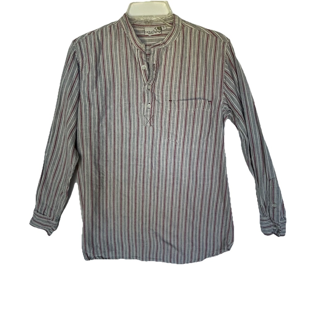 Sahalie Women's Shirt Striped Flannel 3/4 Button Grandad Collar Tunic Size Small